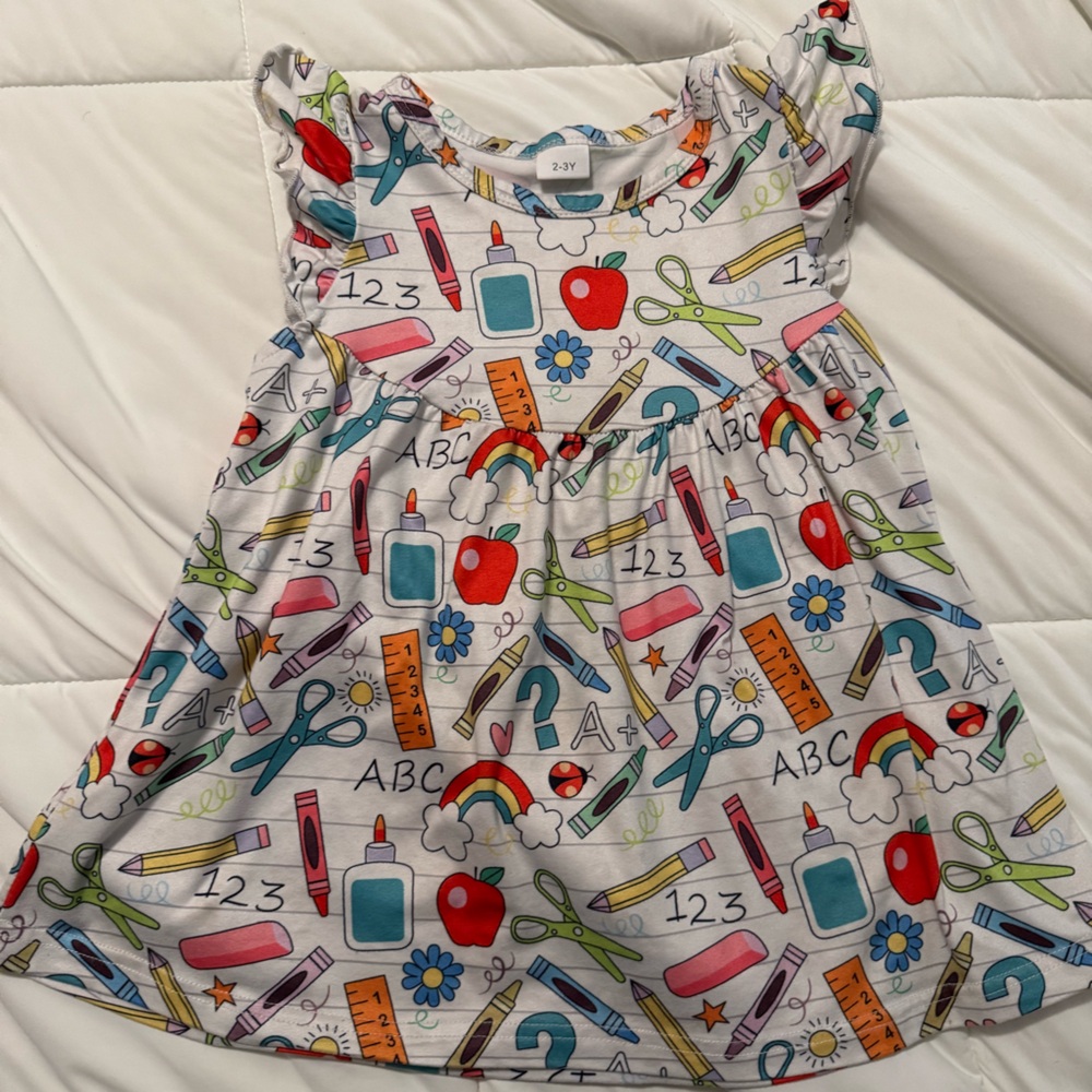 Colorful Kids' Dress with School Supplies Print